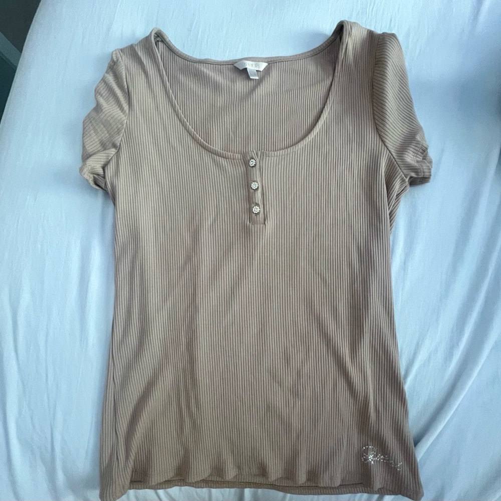 Brown Ribbed GUESS Top with Rhinestone Detail - Picture 2 of 4